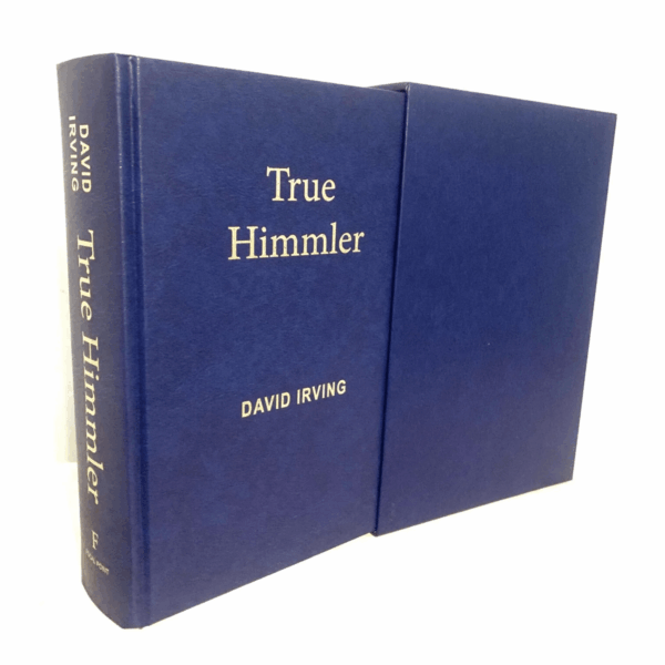 Cover image of the book "true himmler" by david irving, showing the blue slipcase and book from the 2022 collector’s special edition.